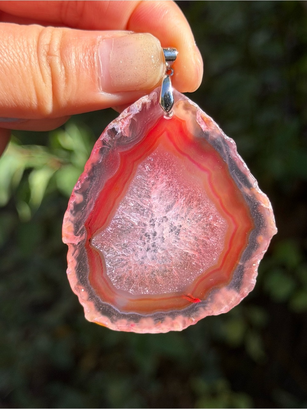 Natural Red and Pink Agate Slice Pendant - Silver Bail Palo